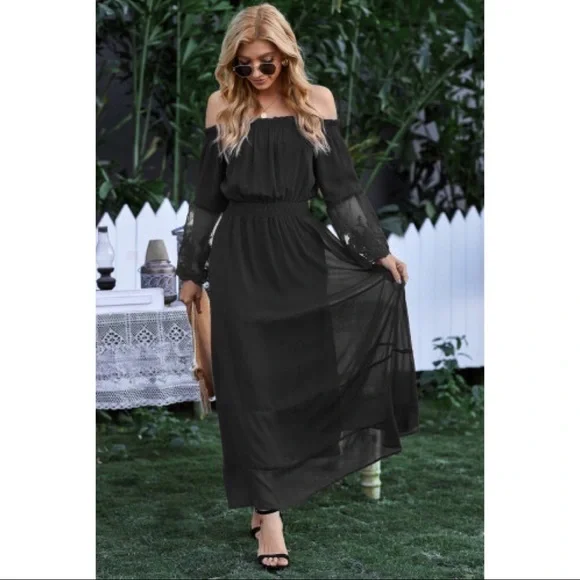 Dresses | Black Off Shoulder Embroidered Flared Sleeve Maxi Dress | Poshmark